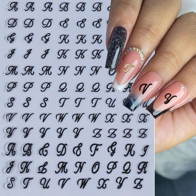 8 Sheets Letter Nail Art Stickers Old English Letter Nail Decals 3D Self-Adhesive Gold Silver Black White Retro Nail Decor Cute Nail Design Stickers Alphabet Cursive Nail Art Supplies for Women DIY