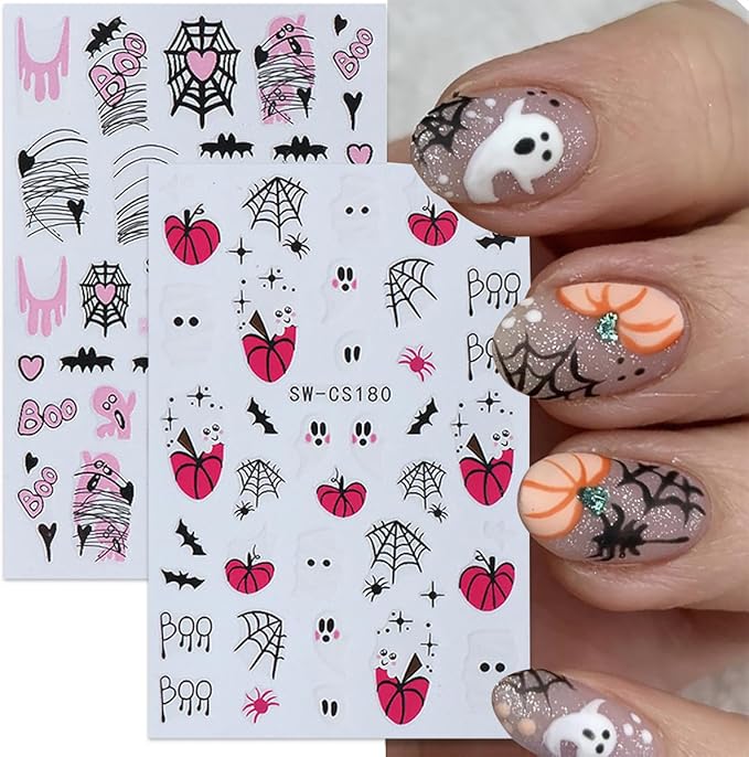 6 Sheets Halloween Nail Art Stickers Cute Ghost Nail Stickers Spider Web 3D Self Adhesive Nail Decals Gothic Spider Spooky French Nail Design Stickers for Women Girls Acrylic Manicure Salon