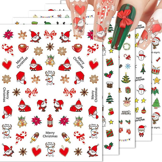 HNUIX Nail Stickers - 3D Christmas, Self Adhesive Nail Decals, Multi Colour, Snowman, Deer, Bells, 10 Sheets, for Nail Art