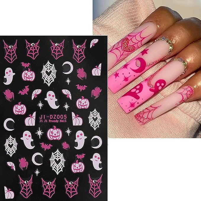 6 Sheets Rhinestones Halloween Stickers 3D Self Adhesive Pink Ghost Nail Art Stickers Glitter Pumpkin Charms Nail Decals Spooky for Women Halloween DIY Manicure Salon