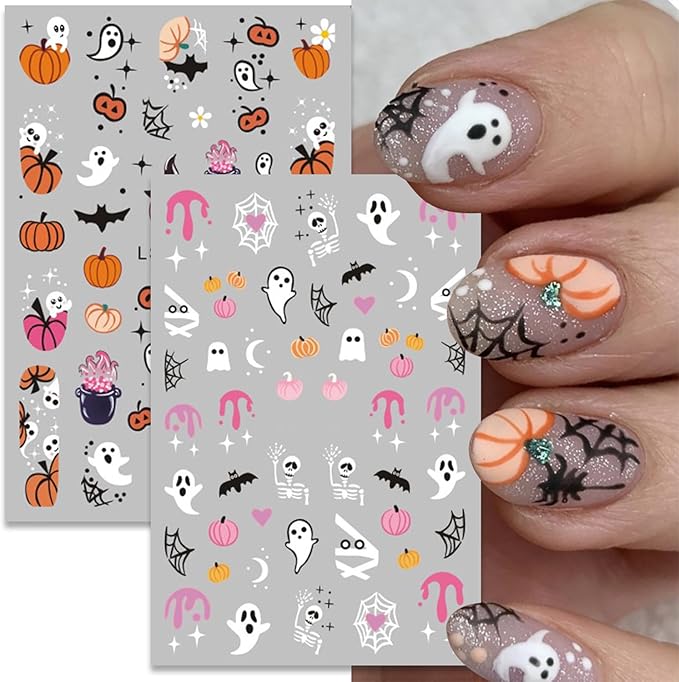 6 Pcs Halloween Nail Art Stickers,3D Self-Adhesive Nail Decals Ghost Cute Pumpkin Bat Cat and Skull Designs Nail Decorations Halloween DIY Manicure Supplies for Women Girls