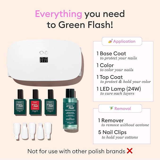 Manucurist Green Flash Slim LED Nail Gel Kit Gift Box : 24W LED Lamp, Base Coat, Top Coat, Poppy Red Polish, Polish Remover & Clips - Gel Nail Kit with Uv Light - Christmas Gifts for Women