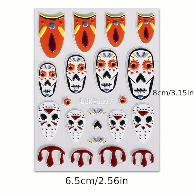 Halloween Nail Art Stickers 5D Embossed Scary Ghost Nightmare 3D Self-Adhesive Nail Decals Terror Scar Mask Designs Nail Supplies Halloween DIY Manicure Decorations for Women