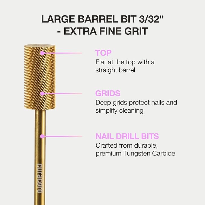 Curacoro Nail Drill Bits 3/32'' - Safe Smooth Stop Large Barrel Carbide Bit (Extra Fine) for Flawless, High-Shine Finish, Refine & Perfect Nail Enhancements, Nail Art Pedicure Manicure Salon & Home