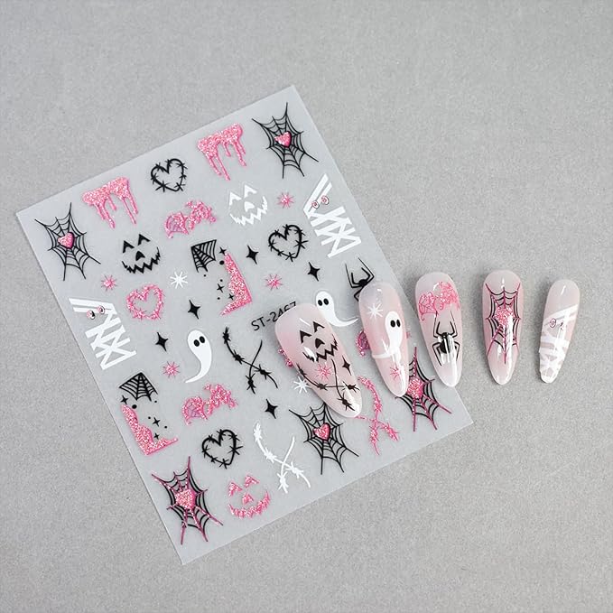 6 Sheets Halloween Nails Stickers Cute Mummy Pumpkin Nails Art Stickers 3D Self-Adhesive Supplies Nail Decal with French Tip Glitter Spider Web Design Nail Sticker for Nail Art Women's DIY Decoration