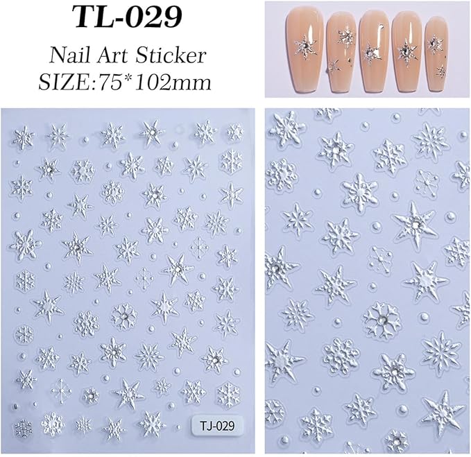 3 Sheets Christmas 5D Embossed Nail Art Stickers White Snowflake with Glitter Gems Nail Art Decals Gold Silver Laser Nail Design Stickers Winter Xmas Nail Stickers for Women DIY Manicure Supplies Kit