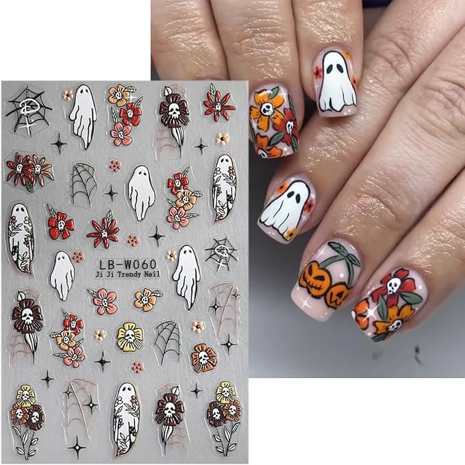 5 Sheets Halloween Nail Art Stickers Horror Skull Flower Nail Stickers Scary Embossed Ghost Spider Web Nail Decals 5D Self-Adhesive Strawberry Spider Nail Decoration for Women Girls Nail Designs