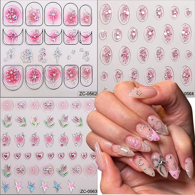 Cute Nail Art Stickers 3D Pink Tulip Flower Nails Decals Glitter Heart Bow Star Nail Stickers Gold Line Butterfly Nails Art Design Sticker Gradient Pink Manicure Supplies Decorations for Women 4Pcs