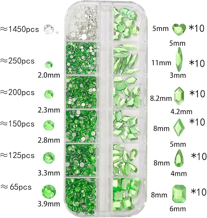 Multi Shapes Light Green 3D Glass Crystal Nail Rhinestones Kit Mix 0.8mm Silver Nail Round Beads Charm Flatback Gems 5 Grids Flatback Rhinestones Stone Diamond for Manicure Makeup DIY Decoration