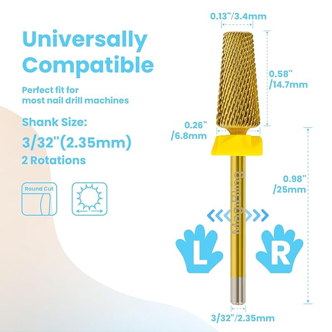 Professional 5 in 1 Tapered Nail Drill Bits, 3/32'' Safety Tungsten Carbide Bits, Remove Gel Fast Left & Right Hand Use, Easy for Beginner, Technicians Bits, Gold, Extra Fine.