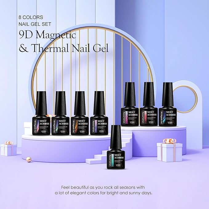MEET ACROSS 8pcs Nail Polish Set, Soak off UV LED Lamp Cat Eye Gel Set Home Manicure Kit 7ml (Glitter Temper + 9D Cat Eye Gel)