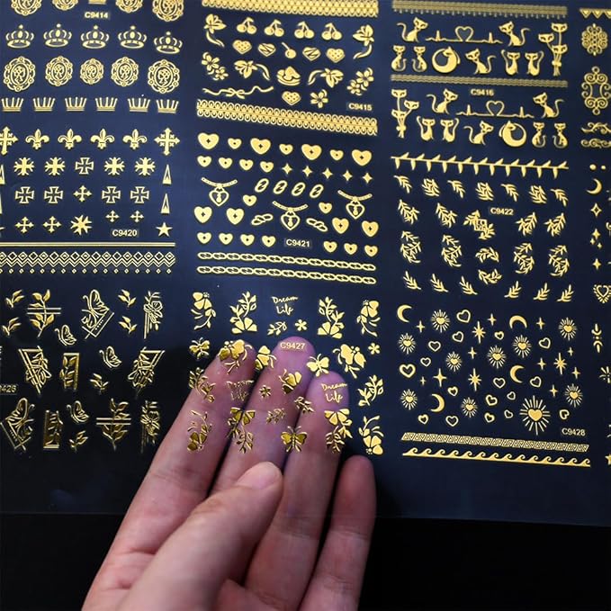 30 Sheets Gold Nail Art Stickers 3D Self-Adhesive Gold Lace Cat Flower Star Moon Heart Nail Decals 3D Gold Retro Hollow Nail Stickers Nail Art Design for Women DIY Acrylic Nails Decoration