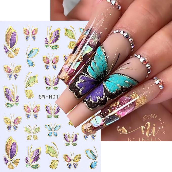 4 Sheets Gold Butterfly Nail Stickers for Nail Art, 3D Self-Adhesive Flower Leaf Boho Butterfly Nail Decals, Nail Supplies Nail Art Designers Accessories for Women and Girls Manicure DIY Decoration
