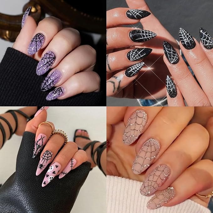 8 Sheets Spider Web Nail Sticker, Halloween for Nail Art Set - Halloween Nail Stickers Glitter Nail Spider Web Design Holographic 3D Self-Adhesive Slider Decals Manicure Art Decorations