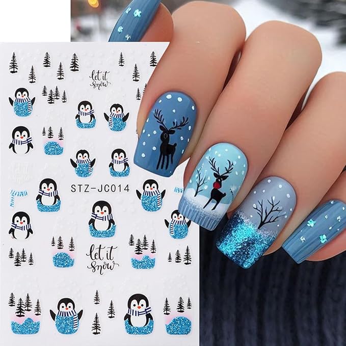 3D Christmas Nail Stickers for Nail Art, Elk Winter Penguin Nail Decals Nail Art Supplies 6PCS Red Elk Penguins Tree Xmas Nails Design Adhesive Sticker for Women Holiday DIY Manicure Nail Decorations