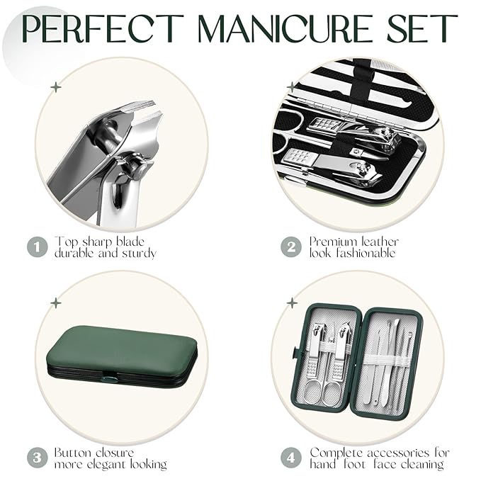 Geosar 12 Sets Manicure Set Nail Clippers Pedicure Kit 8 in 1 Grooming Stainless Steel Kits Nail Care Tools with Travel Case Xmas Gifts Christmas Stocking Stuffers for Men Women(Green)