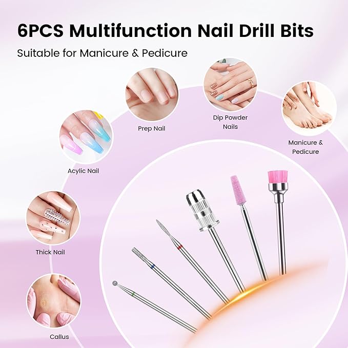 Lavinda Electric Nail Drill Machine, 35000RPM Professional Nail File Cordless Rechargeable Nail Efile for Acrylic Gel Nails (Pink 910)
