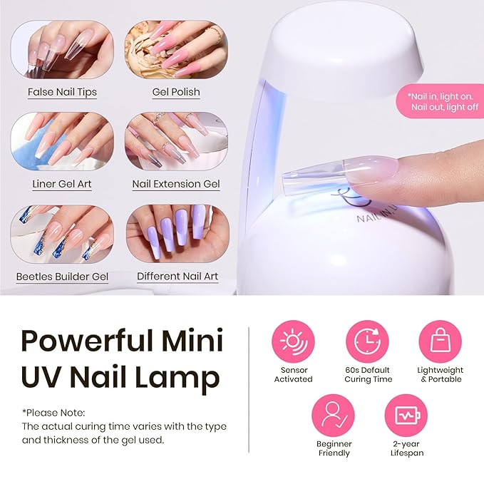 Beetles Tipex Nail Tips Kit, Long Square-C Curved Half Matte Nail Tips 224 Pcs 16 Sizes Pre Building Fake Nails with Tipex Nail Glue, Mini Nail Lamp - Thick Acrylic Nail Set