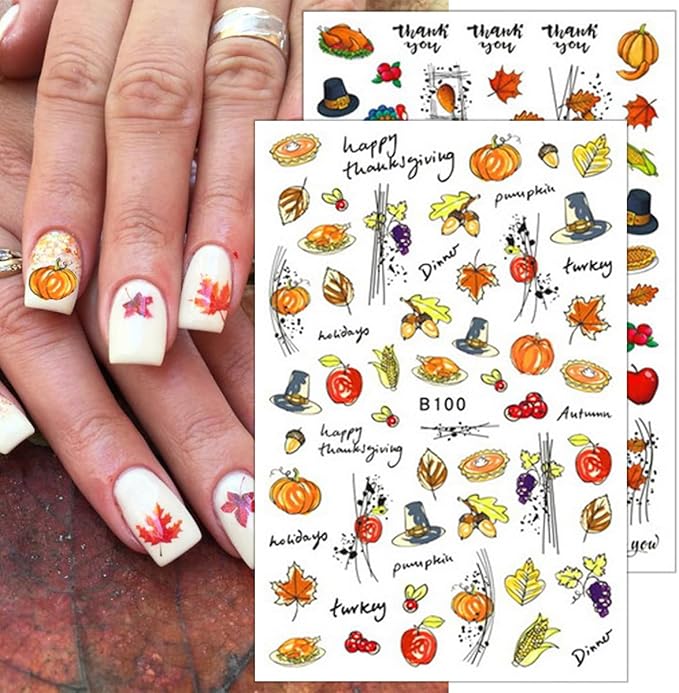 8 Sheets Thanksgiving Nail Decals 3D Self-Adhesive Autumn Pumpkins Nail Art Stickers Thanksgiving Maple Leaves Turkey Nail Art Decals Fall Maple Leaf Nail Stickers for Women Girls Nail Design Supply