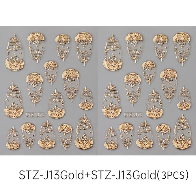 Gold Nail Art Stickers 3D Self-Adhesive Golden Foil Leaf Nail Decals Nail Art Supplies 3PCS Metallic Totem Leaves Summer Nails Design Embossed Sticker Manicure Sliders for Women DIY Nail Decorations