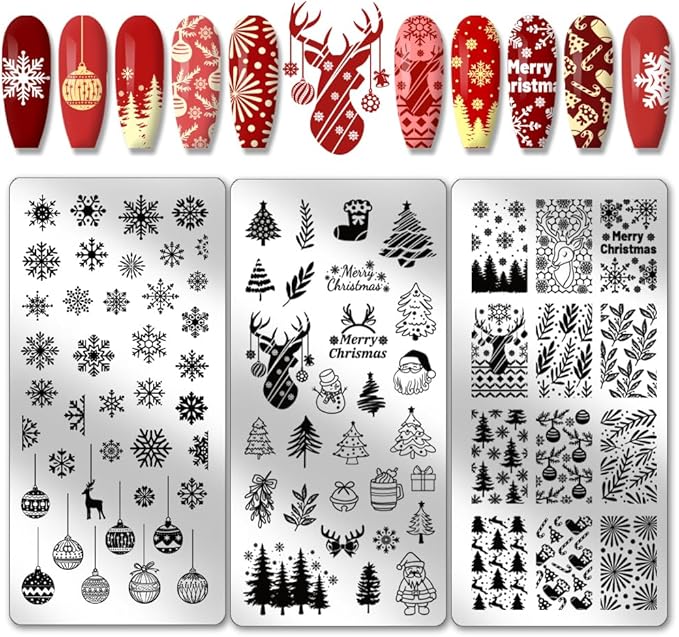 PH PandaHall Christmas Nail Art Plates 3pcs Nail Stamping Plate Winter Snowflake Santa Tree Bell Snowman Image Plate Nails Art Design Stamp Kit for DIY Nails Art Templates Reusable Template Design