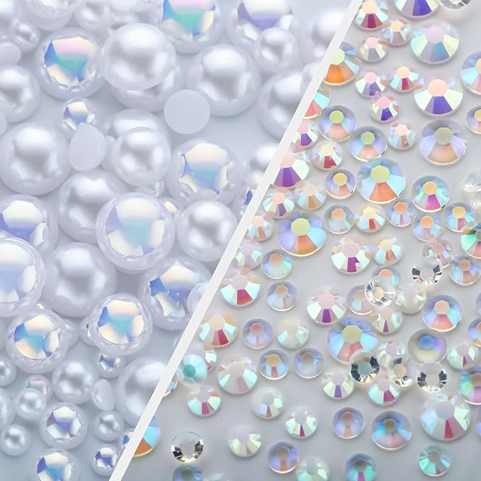 60g White Flat Back Pearls Rhinestones for Crafts Mixed Size 3mm-10mm AB Color Round Half Pearls Flatback Pearl Beads and Resin Rhinestones Set for Face Art with Glue