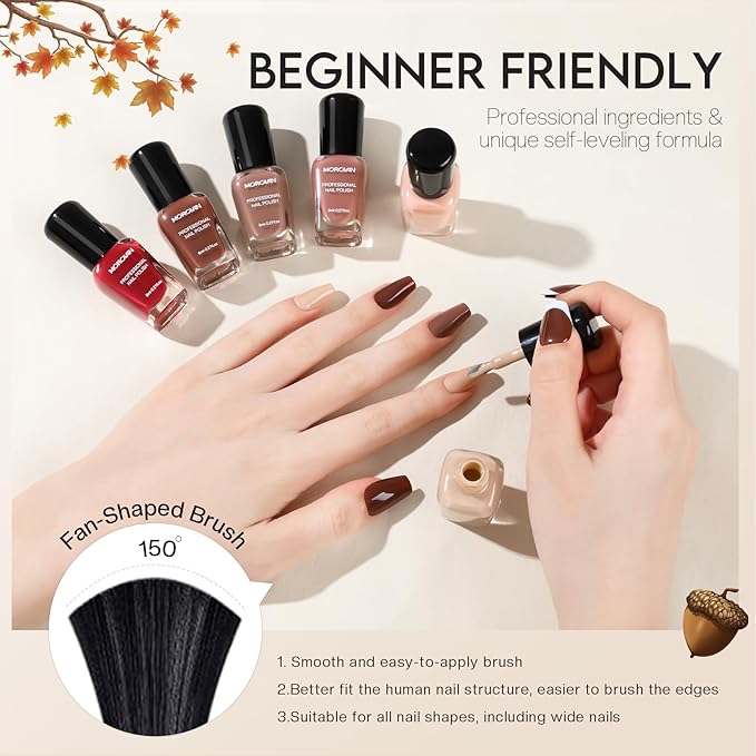 Morovan Brown Nail Polish Set: Fall Nude Dark Chocolate Nail Polish Kit Regular Air Quick Dry Autumn Fingernail Polish Pack for Women Nail Art Design Gift Holiday Party