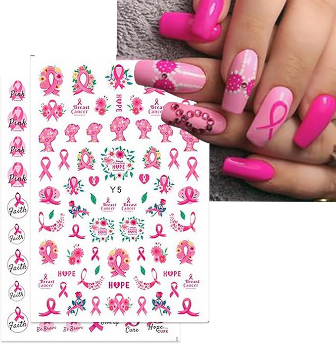 6 Sheets Breast Cancer Nail Art Stickers 3D Self-Adhesive Heart Letter Nail Stickers Pink Ribbon Nail Decals Breast Cancer Awareness Nail Design Supplies for Women Acrylic DIY Manicure Salon