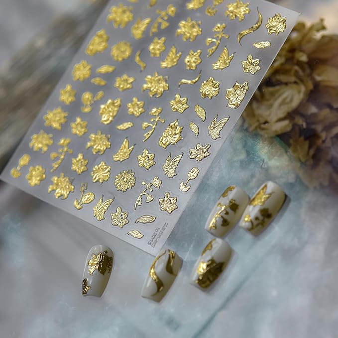 1 Sheets 5D Embossed Fall Nail Stickers for Nail Art Self-Adhesive Gold Flower Nail Art Stickers Gold Butterfly Autumn Leaves Nail Decals Floral Nail Design Sticker for Women Nails Decoration