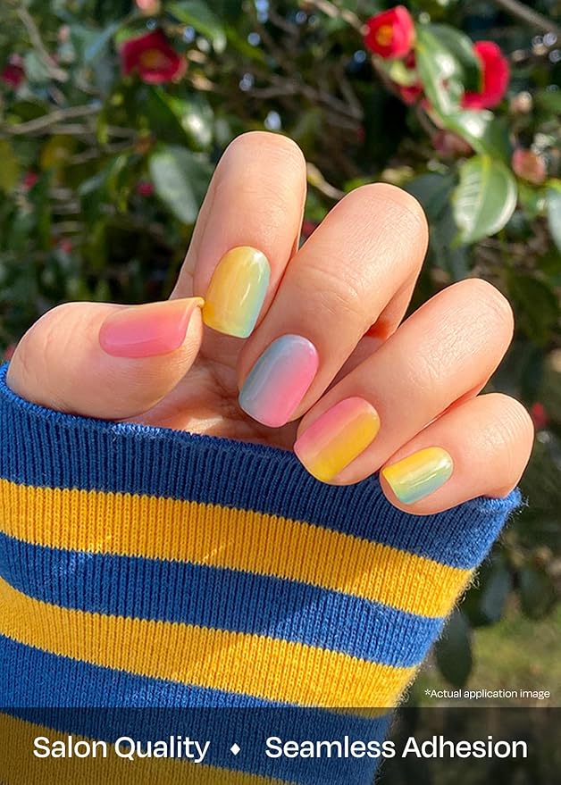 ohora Semi Cured Gel Nail Strips (N Pastel) - Yellow, Ombre, Works with Any UV/LED Lamps, Salon-Quality, Long Lasting, Easy to Apply & Remove - Includes 2 Prep Pads, Nail File & Wooden Stick
