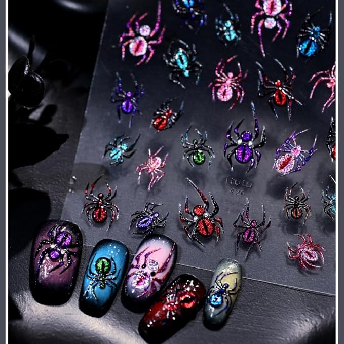 Halloween Nail Sticker 5D Embossed Scary Spider Nail Art Sticker Self Adhesive Nail Decals Colorful Spider Nail Art Decals for Nail Decoration Supplies for Women Girls DIY Manicure