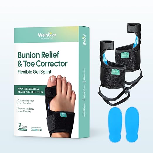 Welnove Bunion Corrector - Orthopedic Bunion Splint - Big Toe Separator Pain Relief for Women & Men - Bunion Correction Toe Straightener with Non-slip Strap, Day Night Support (Black, 2 Count)