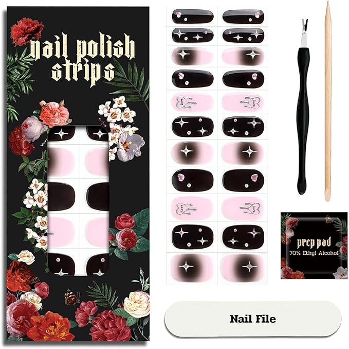 Nail Polish Strips - 22 Pcs Salon Quality Gel Nail Stickers - Long Lasting Wraps (Starlit Blooming Black&Pink)