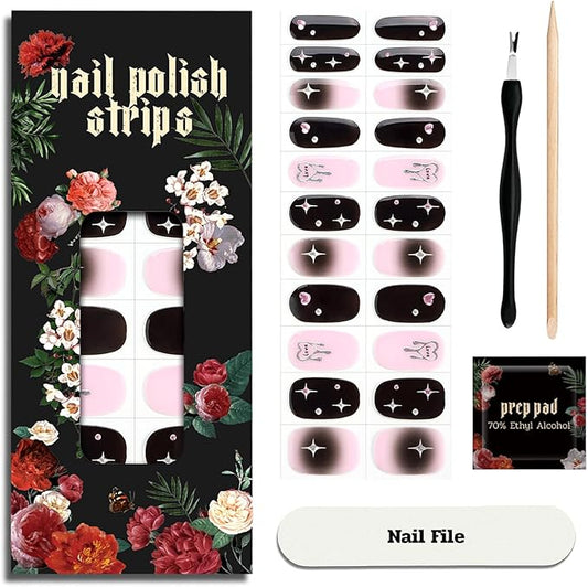 Nail Polish Strips - 22 Pcs Salon Quality Gel Nail Stickers - Long Lasting Wraps (Starlit Blooming Black&Pink)