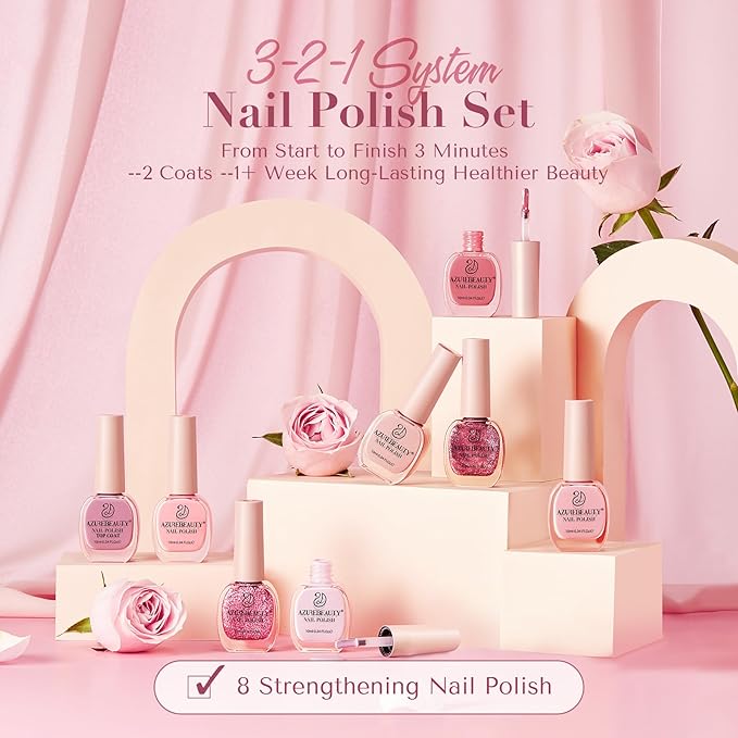 AZUREBEAUTY Pink Shades Nude Coral Champagne Glitter 8 Colors Nail Polish Set, Quick-Dry Perfect for Women Elegant Manicure Nail Art DIY Salon 10ml