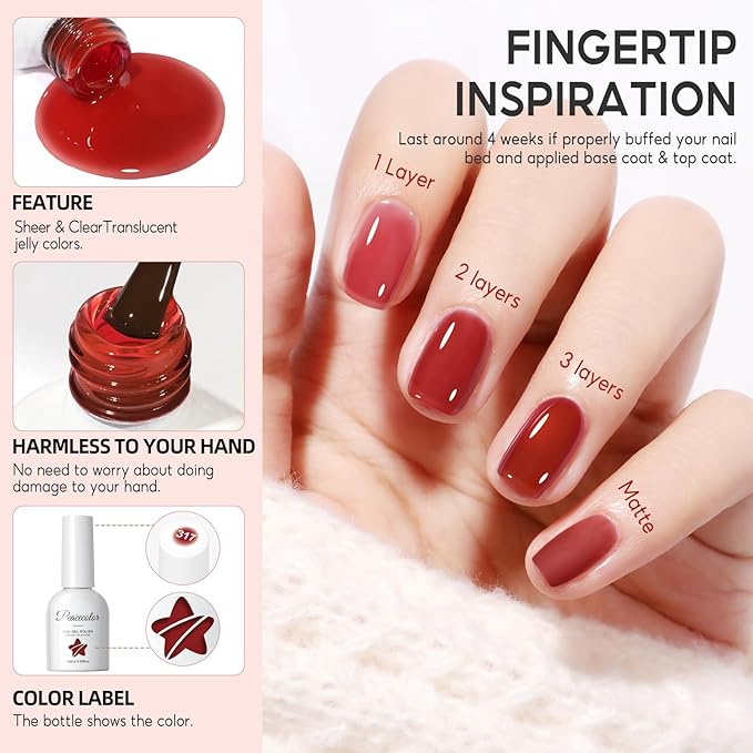 PEACECOLOR Fall Jelly Gel Polish Set 6 Colors Red Brown Gel Nail Polish Autumn Colors Nail Starter Kit Soak Off for Women Home Salon Design