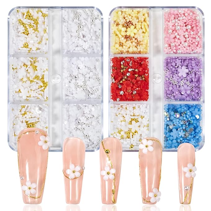 3D Flower Nail Charms for Nails Colorful Flowers Flatback Nail Rhinestones White Pink Purple Acrylic Flower with Gold Silver Caviar Beads Round Pearls Nail Art Supplies Manicure DIY Nail Decorations