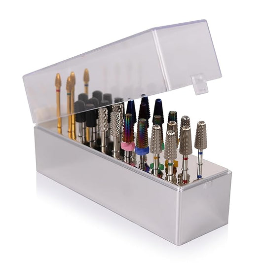 PANA Rectangle Nail Drill Bit Holder Display Organizer Case - Dustproof Carbide Bit Storage Container Box For Manicure Tools Nail Salon - 30 Holes Silver (Drill Bits Not Included)