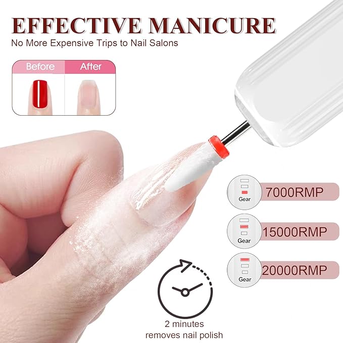 Professional Nail Drill Set, 2,0000 RPM Electric Nail File with 12 Grinding Head & 100Pcs Sanding Bands for Acrylic Gel Nails, Manicure and Polishing (White)