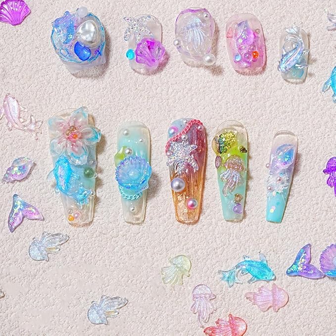 150PCS Beach Nails Charms, Summer Ocean Series 3D Resin Nail Rhinestone Mixed Sea Shell Starfish Dolphin Fishtail Nail Gem for Women Girls Manicure DIY Crafts Accessories