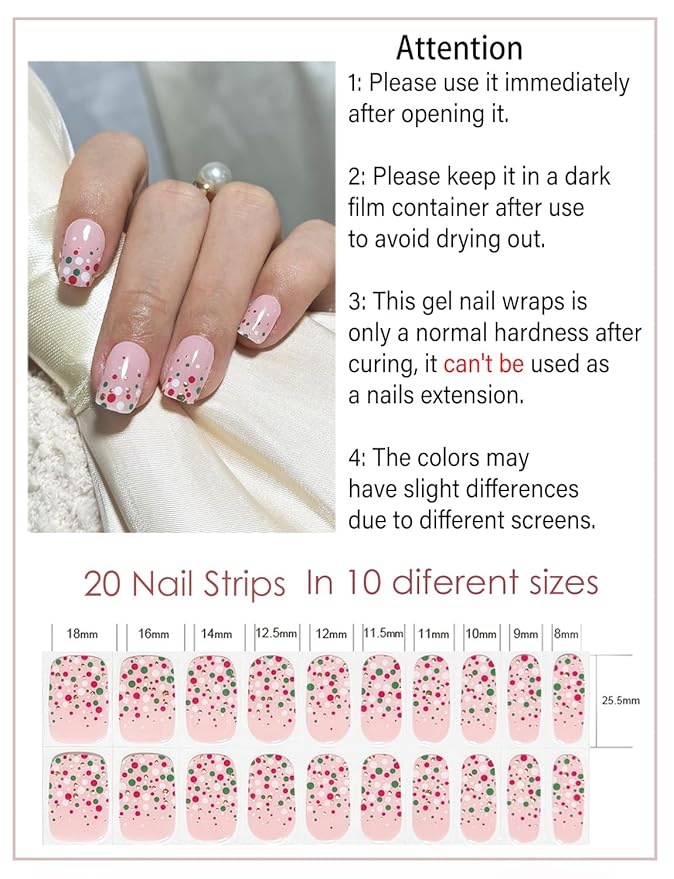 Semi Cured Gel Nail Strips, 20pcs Gel Nail Stickers UV, Gel Nail Wraps for Home Nails DIY,French Dots