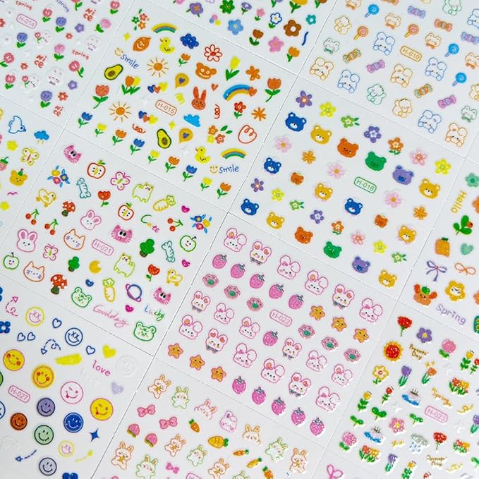 30 Sheets Flower Nail Stickers Rabbit Nail Art Stickers 3D Embossed Self Adhesive Nail Decals Floral Heart Bow Smile Fruit Nails Design Spring Nail Art Decals for Women Manicure DIY Decoration
