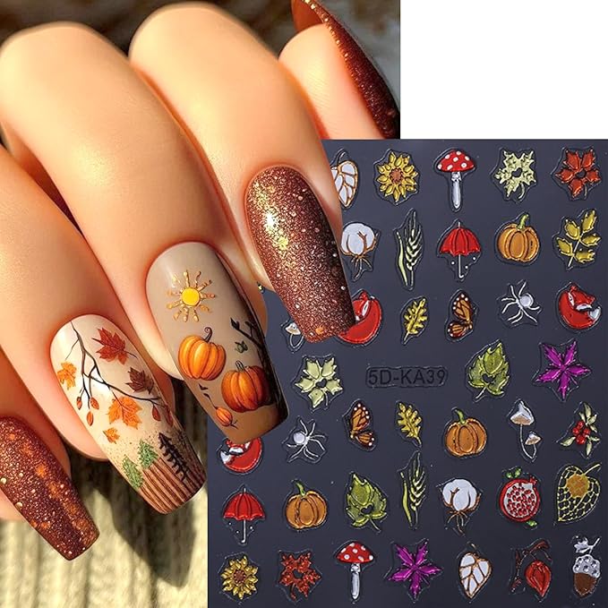 2Sheet Thanksgiving Nail Art Stickers 5D Embossed Autumn Maple Leaves Pumpkin Designs Nail Decals Self-Adhesive Fall Fruit Fox Nail Sticker Butterfly Mushroom Nail Decal for Women Nails Decor Supplies