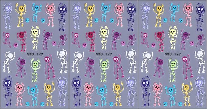 3 Sheets Halloween Skeleton Man Nail Art Stickers 5D Embossed Colorful Skull Nail Decals Funny Skeleton Bone Self-Adhesive Sliders Halloween Nail Art Supplies for Women Acrylic Nail Art Decorations