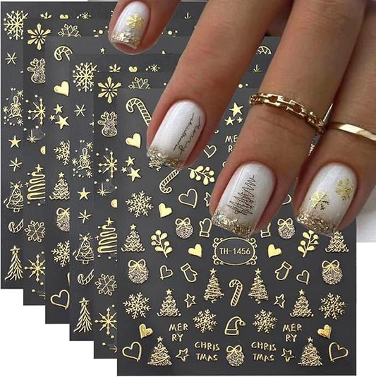 Christmas Nail Art Stickers 3D Gold Crystal Ball Snowflake Tree Christmas Nail Stickers 6PCS Candy Cane Cute Elk Self-Adhesive Xmas Nail Decals Sliders New Year Holiday Nail Art Supplies for Women