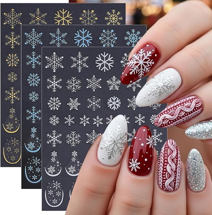 Christmas Nail Art Stickers 6 Pcs Snowflake Nail Stickers 3D Self-Adhesive Winter Nails Decals Blue Gold White Snowflake Nails Designs Stickers Holiday Nails Supplies for Women Xmas DIY Manicure Decor