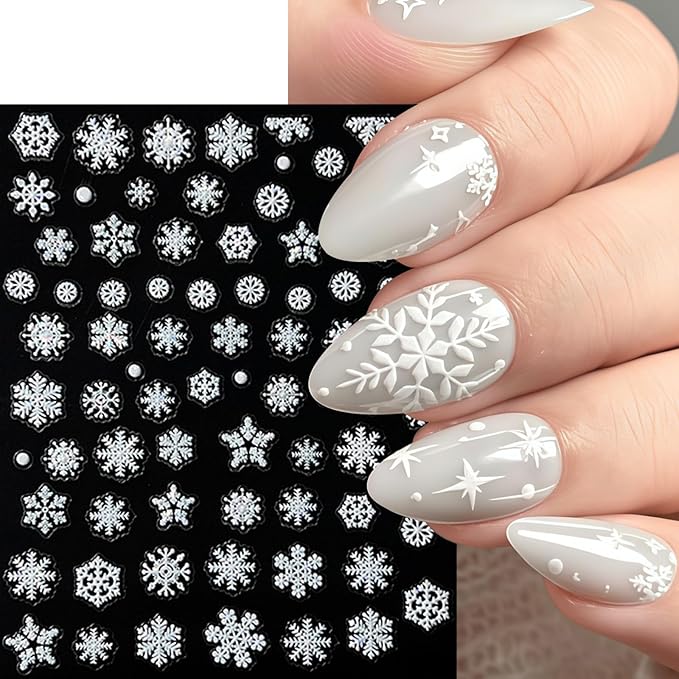 6 Sheets Snowflake Nail Stickers 5D Embossed Christmas Snow Nail Art Stickers Self Adhesive Winter Snowflake Nail Decals Snowmen Star Christmas Nails Decoration Supplies for Women Holiday Manicure