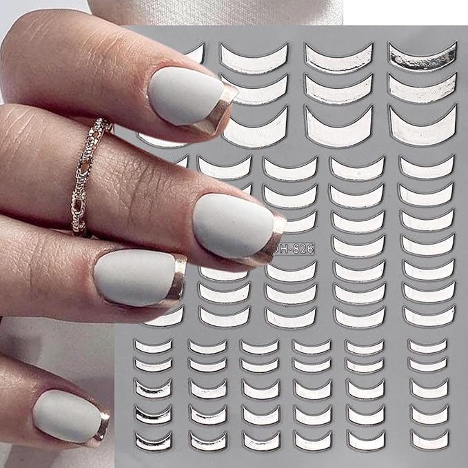 French Line Nail Art Stickers Decals, 4Pcs Gold Silver French Nail Decals 3D Metal Curve Stripe Wave Lines Nail Design French Nail Supplies for Nails Adhesive Sticker Slider DIY Manicure Accessories