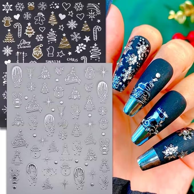 Christmas Nail Art Stickers Decals 6PCS Gold Silver Snowman Snowflake Nail Decals 3D Self-Adhesive Winter Nail Stickers Christmas Tree Santa Claus Elk Holly Christmas Nails Designs Xmas Nails Supplies