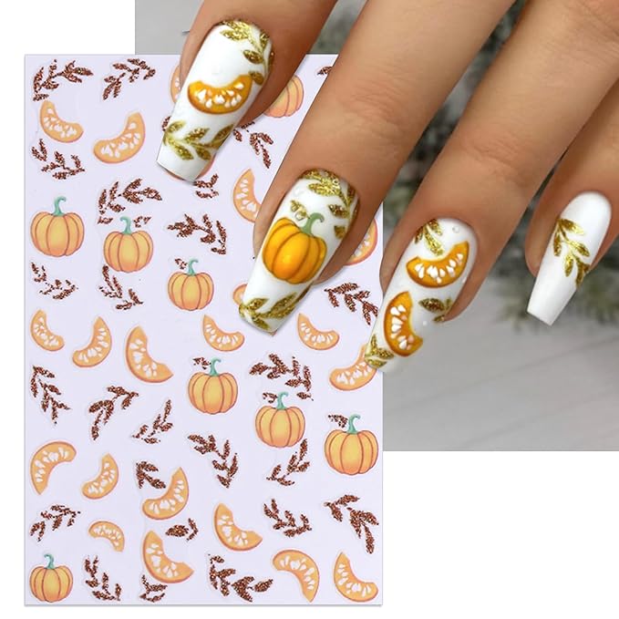 Fall Nail Stickers - Autumn Glitter Pumpkin Leaf Self-Adhesive 3D Nail Decals for Women Girls DIY Thanksgiving Day Manicure (5 Sheets)